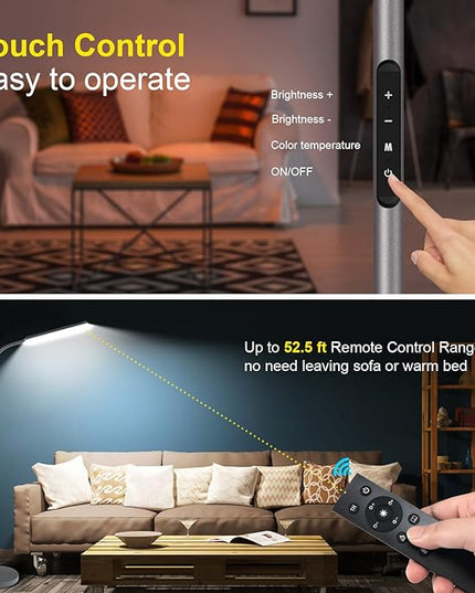 Dimunt LED Floor Lamp, 15W Bright Floor Lamps for Living Room with 1H Timer, Dimmable 3000K-6000K Colors & Brightness Standing Lamp with Remote Push Button, Reading Floor Lamps for Home Office- Grey - LeafyLoom