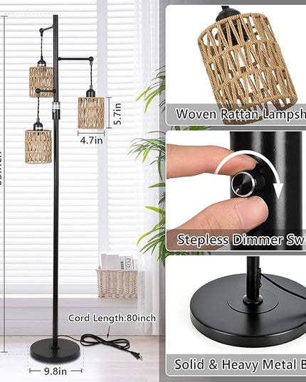 Bohemian Farmhouse Floor Lamp, Black, 65-Inch, Dimmable, 3 E26 UL Sockets, Natural Rattan Shade, Reinforced Metal Base, 24 Months Warranty - LeafyLoom