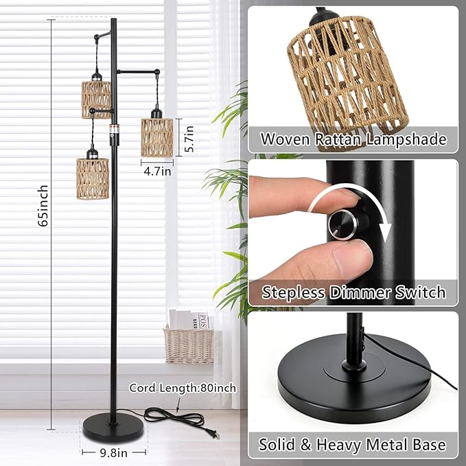 Bohemian Farmhouse Floor Lamp, Black, 65-Inch, Dimmable, 3 E26 UL Sockets, Natural Rattan Shade, Reinforced Metal Base, 24 Months Warranty - LeafyLoom