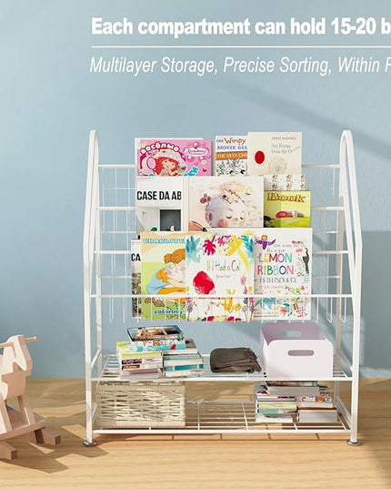 Kids Bookshelf Freestanding for Children Room 32 Inches White Metal Bookcase Large Capacity Books Toys Organizer Stable 5 Tiers Kids Book Rack for Playroom Bookstore Library. - LeafyLoom