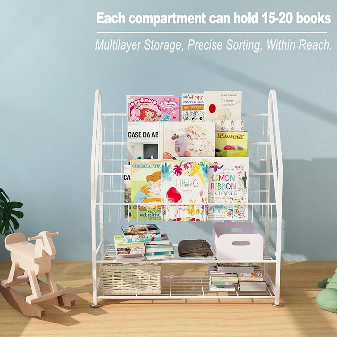 Kids Bookshelf Freestanding for Children Room 32 Inches White Metal Bookcase Large Capacity Books Toys Organizer Stable 5 Tiers Kids Book Rack for Playroom Bookstore Library. - LeafyLoom