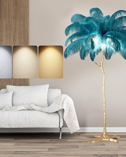 Ostrich Feather Floor Lamp, Modern LED Dimmable Standing Lamp, Romantic Princess Bedroom Reading Lamp, Tall Corner Lamp for Living Room, Dining Room and Office (Dark Green) - LeafyLoom