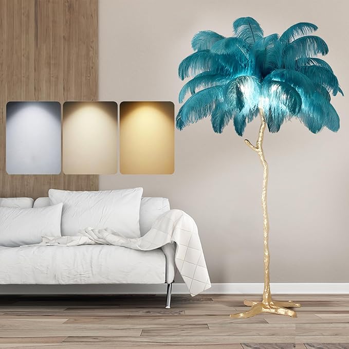 Ostrich Feather Floor Lamp, Modern LED Dimmable Standing Lamp, Romantic Princess Bedroom Reading Lamp, Tall Corner Lamp for Living Room, Dining Room and Office (Dark Green) - LeafyLoom