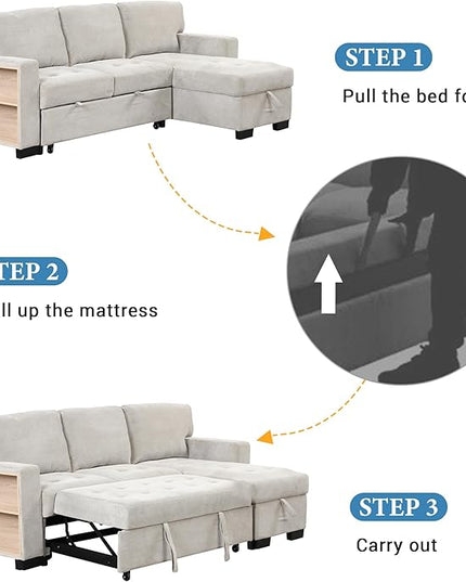 Convertible Sleeper Sectional Sofa Pull Out Bed with Right Hand Chaise Lounge, L-Shaped Velvet Upholstered Corner Couches, Pullout Sofabed with Storage and Drop Down Table & USB Charger - LeafyLoom