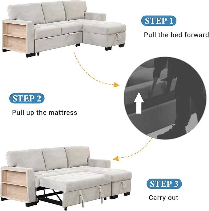 Convertible Sleeper Sectional Sofa Pull Out Bed with Right Hand Chaise Lounge, L-Shaped Velvet Upholstered Corner Couches, Pullout Sofabed with Storage and Drop Down Table & USB Charger - LeafyLoom