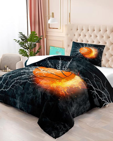 Basketball Comforter Set Twin, Sports Basketball Bedding for Boys Kids Teens Bedroom Orange Basketball Ice Fire Twin Size Comforter Set for Boys 2 Pieces(1 Comforter 1 Pillowcase) - LeafyLoom