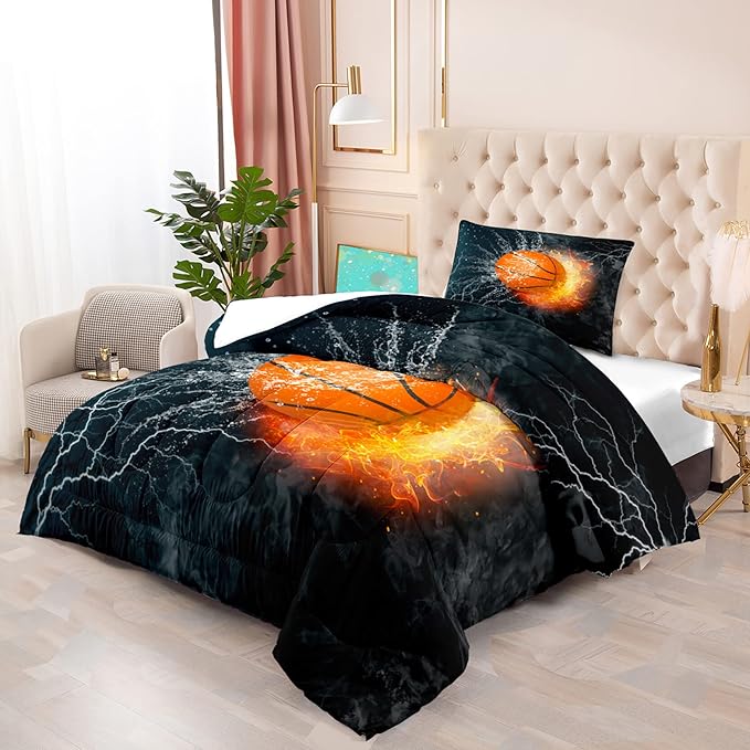 Basketball Comforter Set Twin, Sports Basketball Bedding for Boys Kids Teens Bedroom Orange Basketball Ice Fire Twin Size Comforter Set for Boys 2 Pieces(1 Comforter 1 Pillowcase) - LeafyLoom