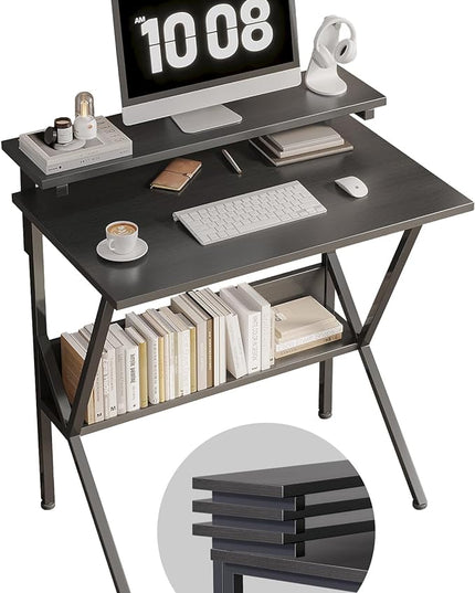 COTUBLR Small Desk, 27.5 Inch Small Computer Desk for Small Spaces, Computer Desk with Adjustable Monitor Stand, Compact Desk with Storage, Tiny Desk Study Desk for Bedroom Home Office, Black - LeafyLoom