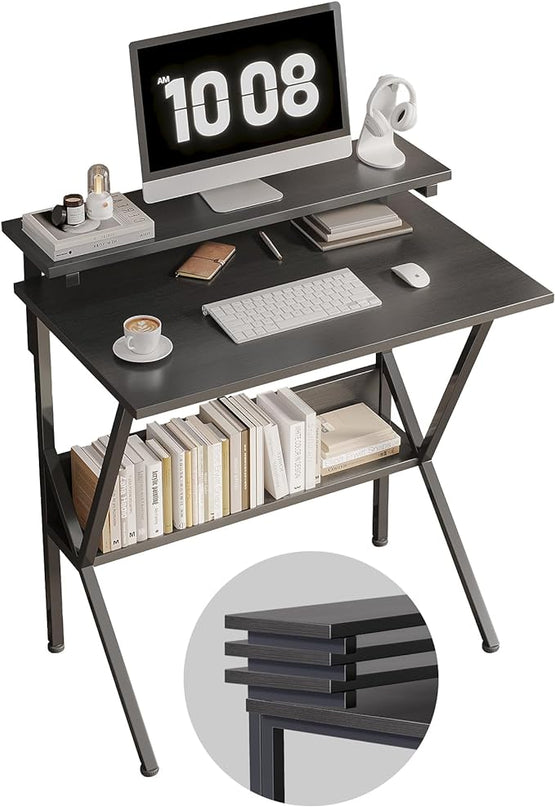 COTUBLR Small Desk, 27.5 Inch Small Computer Desk for Small Spaces, Computer Desk with Adjustable Monitor Stand, Compact Desk with Storage, Tiny Desk Study Desk for Bedroom Home Office, Black - LeafyLoom