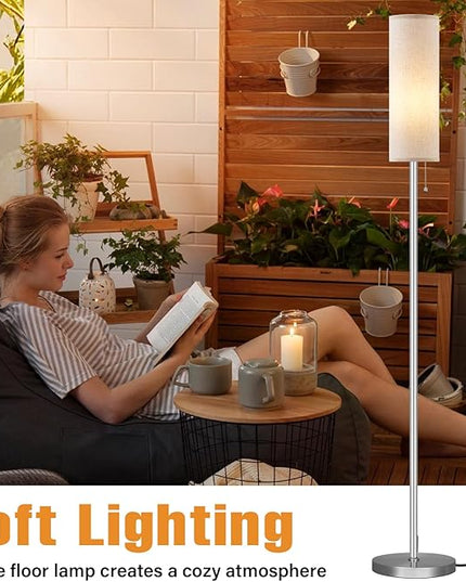 Ambimall Floor Lamp for Living Room with 3 Color Temperatures Bulb, 64" Standing lamp with Linen lampshade for Bedroom, Minimalist Pole Lamp, Beige Shade & Silver Pole - LeafyLoom