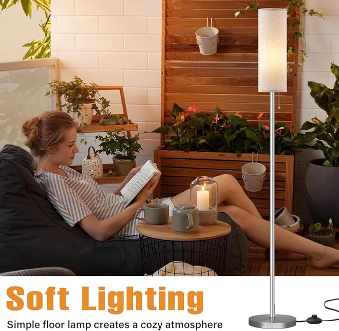 Ambimall Floor Lamp for Living Room with 3 Color Temperatures Bulb, 64" Standing lamp with Linen lampshade for Bedroom, Minimalist Pole Lamp, Beige Shade & Silver Pole - LeafyLoom