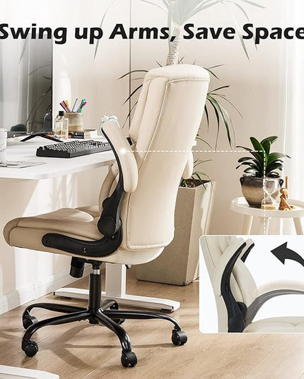 JHK Leather Office Chair with Flip Up Arms, Executive High Back Big and Tall Desk Chairs with Ergonomic Lumbar Support, Adjustable Height,Wheels, Soft Padded, Cream - LeafyLoom