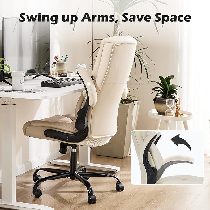 JHK Leather Office Chair with Flip Up Arms, Executive High Back Big and Tall Desk Chairs with Ergonomic Lumbar Support, Adjustable Height,Wheels, Soft Padded, Cream - LeafyLoom