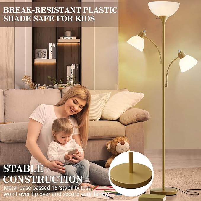 Luvkczc Torchiere Floor Lamps for Living Room, 3 Light Tree Floor Lamp, Gold Modern Tall Standing Lamps, Industrial Bright Floor Lamp for Bedroom, Office, Dresser, 3 LED Bulbs Included - LeafyLoom