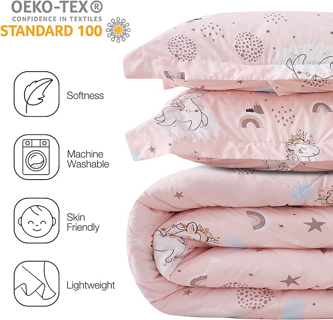 JSD Pink Unicorn Kids Comforter Set for Girls, 3 Pieces Full Microfiber Comforter with Pillow Sham, Soft Comfortable Machine Washable - LeafyLoom