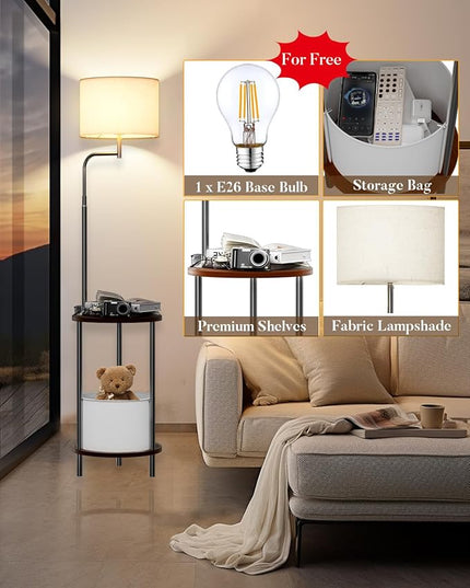 Lightdot 57IN Floor Lamp with Shelves, Mid Century Modern Standing Lamps with Bulb and Storage Bag Included, Black Pole End Table with Lamp Attached for Living Room Bedroom - LeafyLoom