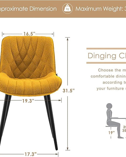YOUNUOKE Comfortable Dining Chairs Set of 2, Mid-Century Modern Kitchen Dining Room Chairs, Upholstered Backrest Boucle Dining Chair with Black Metal, Yellow - LeafyLoom