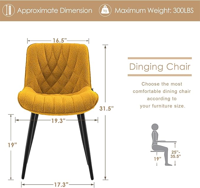 YOUNUOKE Comfortable Dining Chairs Set of 2, Mid-Century Modern Kitchen Dining Room Chairs, Upholstered Backrest Boucle Dining Chair with Black Metal, Yellow - LeafyLoom