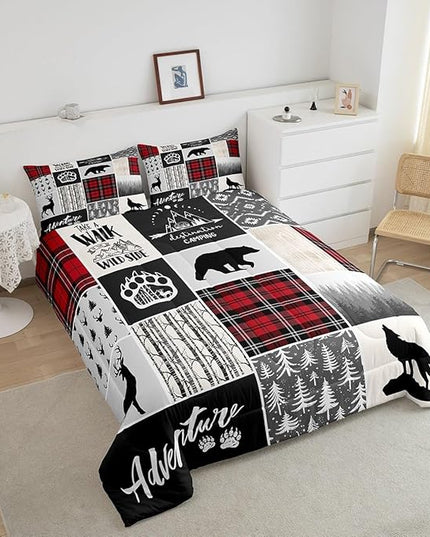 Deer Antlers Comforter Set Twin Size,Bear Paws Pine Trees Xmas Bedding Set for Kids Boys Girls Adults Room Decor,Lattices Patchwork Rustic Farmhouse Down Comforter,Red Duvet Insert,1 Pillowcase - LeafyLoom
