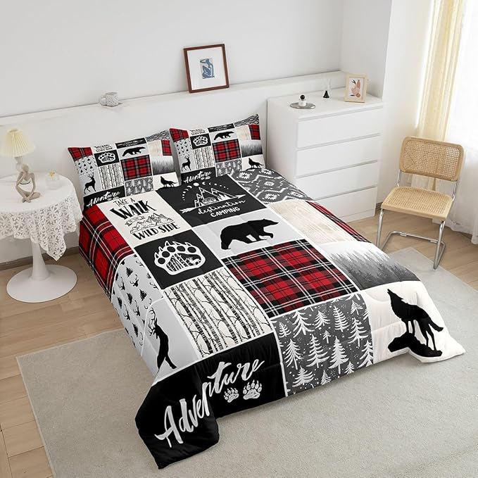 Deer Antlers Comforter Set Twin Size,Bear Paws Pine Trees Xmas Bedding Set for Kids Boys Girls Adults Room Decor,Lattices Patchwork Rustic Farmhouse Down Comforter,Red Duvet Insert,1 Pillowcase - LeafyLoom