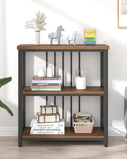FOLUBAN Bookshelf, Small Modern 3 Tier Bookcase, Wood and Metal Standing Storage Book Shelves for Living Room, Office, Bedroom (Rustic Walnut) - LeafyLoom