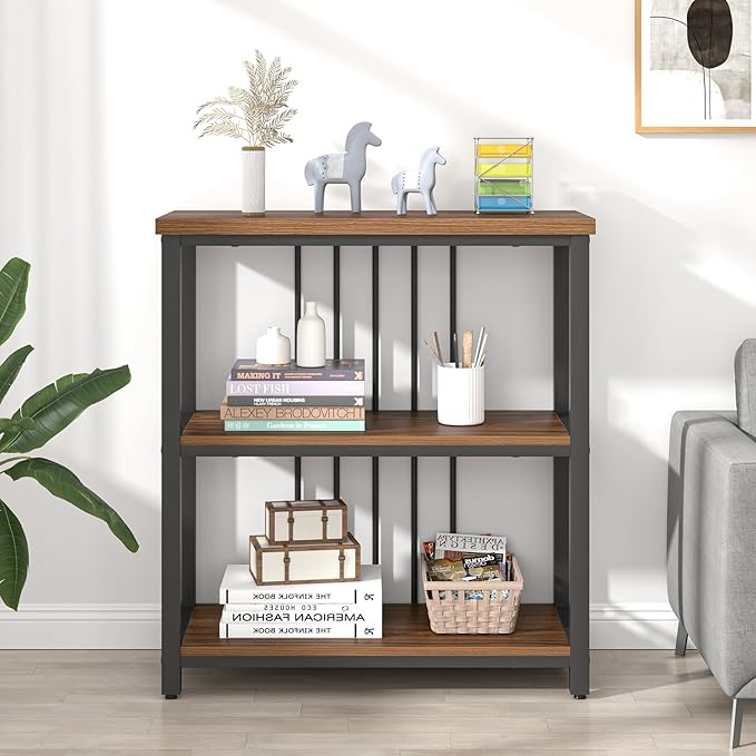 FOLUBAN Bookshelf, Small Modern 3 Tier Bookcase, Wood and Metal Standing Storage Book Shelves for Living Room, Office, Bedroom (Rustic Walnut) - LeafyLoom