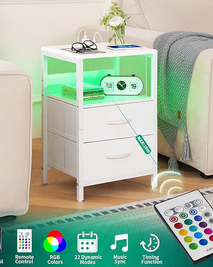 Yoobure Nightstand with Charging Station, LED Night Stand with Fabric Drawers and Storage Shelf for Bedroom, Nightstands Bedside Tables with USB Ports & Outlets, Small Night Stands, Bed Side Table - LeafyLoom