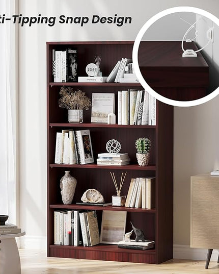 Farini 5 shelf boockase Display Bookcase Freestanding Wooden Bookshelves for Home Office Living Room,60 Inch Height,Mahogany - LeafyLoom