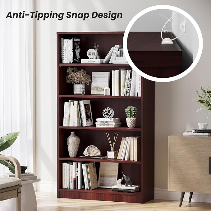 Farini 5 shelf boockase Display Bookcase Freestanding Wooden Bookshelves for Home Office Living Room,60 Inch Height,Mahogany - LeafyLoom