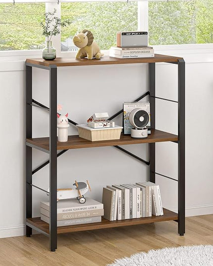 FOLUBAN Small Bookshelf, 3 Tier Rustic Book Shelf with Storage, Industrial Low Short Bookcases for Office, Bedroom and Living Room, Rustic Walnut - LeafyLoom