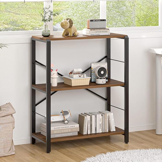 FOLUBAN Small Bookshelf, 3 Tier Rustic Book Shelf with Storage, Industrial Low Short Bookcases for Office, Bedroom and Living Room, Rustic Walnut - LeafyLoom
