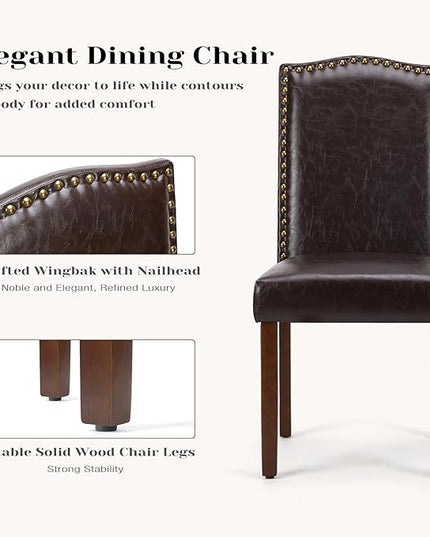 DUMOS Dining Chairs Set of 2, PU Leather Dining Room Chairs, Upholstered Parsons Chairs with Nailhead Trim & Wood Legs, Kitchen Side Chair for Dining Living Room,Bedroom - Brown - LeafyLoom