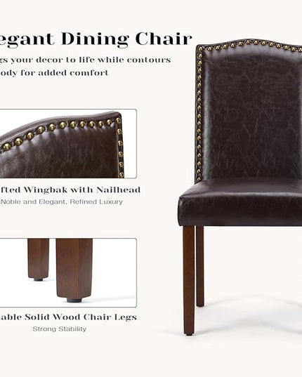 DUMOS Dining Chairs Set of 6, PU Leather Dining Room Chairs, Upholstered Parsons Chairs with Nailhead Trim & Wood Legs, Kitchen Side Chair for Dining Living Room,Bedroom - Brown - LeafyLoom