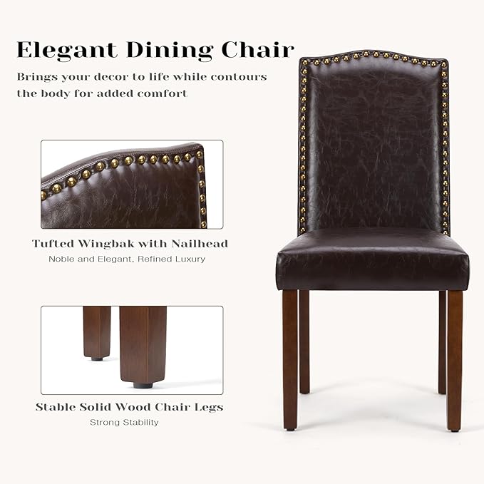 DUMOS Dining Chairs Set of 6, PU Leather Dining Room Chairs, Upholstered Parsons Chairs with Nailhead Trim & Wood Legs, Kitchen Side Chair for Dining Living Room,Bedroom - Brown - LeafyLoom