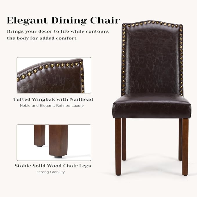 DUMOS Dining Chairs Set of 4, PU Leather Dining Room Chairs, Upholstered Parsons Chairs with Nailhead Trim & Wood Legs, Kitchen Side Chair for Dining Living Room,Bedroom - Brown - LeafyLoom