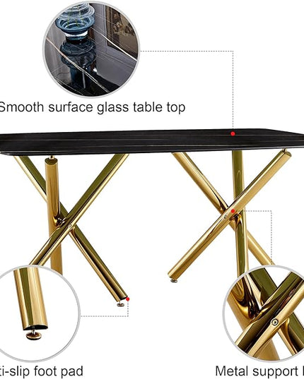 NicBex Large Modern Minimalist Rectangular Dining Table with 0.39 "Imitation Marble Black Desktop and Gold Metal Legs for Kitchen Dining Living Meeting Room Banquet Halls, Black - LeafyLoom