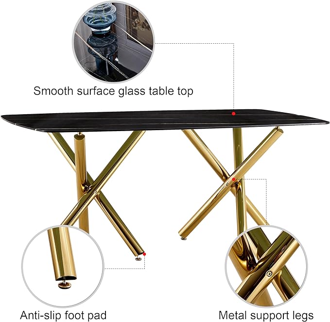 NicBex Large Modern Minimalist Rectangular Dining Table with 0.39 "Imitation Marble Black Desktop and Gold Metal Legs for Kitchen Dining Living Meeting Room Banquet Halls, Black - LeafyLoom