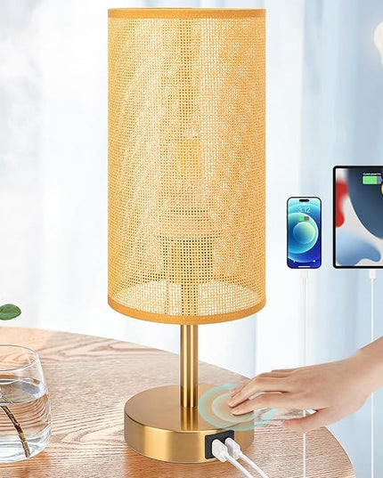 Yarra-Decor Bedside Lamp with USB Port - Touch Control Table Lamp for Bedroom Wood 3 Way Dimmable Nightstand Lamp with Round Flaxen Fabric Shade for Home Office (LED Bulb Included) (Y - NET) - LeafyLoom