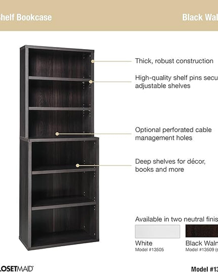 ClosetMaid Bookshelf Tiers, Adjustable Shelves, Tall Bookcase Sturdy Wood with Closed Back Panel, Black Walnut Finish, 6-Shelf Hutch - LeafyLoom