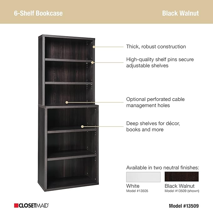 ClosetMaid Bookshelf Tiers, Adjustable Shelves, Tall Bookcase Sturdy Wood with Closed Back Panel, Black Walnut Finish, 6-Shelf Hutch - LeafyLoom