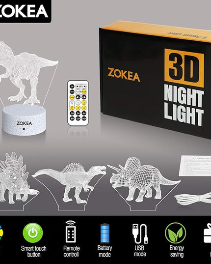 Dinosaur Toys, Dinosaur Gifts for Boys 7 Colors Changing 3D Dinosaur Night Light (4 Patterns) with Timer & Remote Control & Smart Touch, Gifts for Boys Girls Age 2 3 4 5 6 7 8 Year Old Boy Gifts - LeafyLoom
