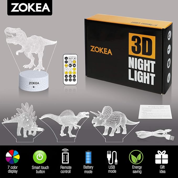 Dinosaur Toys, Dinosaur Gifts for Boys 7 Colors Changing 3D Dinosaur Night Light (4 Patterns) with Timer & Remote Control & Smart Touch, Gifts for Boys Girls Age 2 3 4 5 6 7 8 Year Old Boy Gifts - LeafyLoom