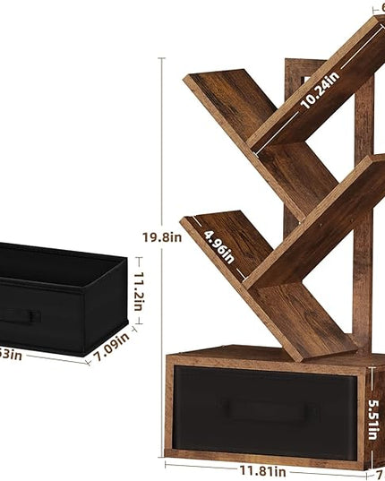 Small Bookshelf with Drawer,4 Tier Tree Book Shelf,Wood Desk Bookshelves,Modern Free Standing Desktop Display Shelves,Brown Floor Standing Organizer Bookcase for Living Room,Bedroom,Office - LeafyLoom