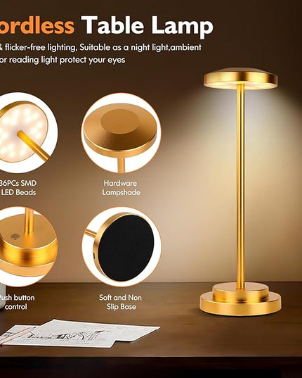 Cordless Table Lamp, Rechargeable Lamps, 5000mAh Battery Operated, LED Portable Table Lamp, 3 Color Dimmable, Aluminum, for Nightstand/Bar/Dining/Patio/Bedroom/Outdoor - LeafyLoom