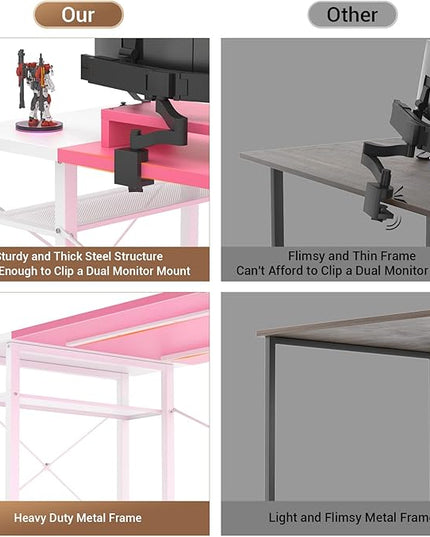 armocity Computer Desk with LED Lights, 48 Inch Desk with Power Outlet and USB, Reversible Large Desk with Moveable Monitor Stand, 48'' Gaming PC Table for Home Office, Workstation, Pink and White - LeafyLoom