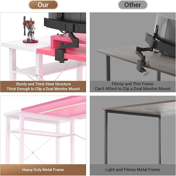armocity Computer Desk with LED Lights, 55 Inch Desk with Power Outlet and USB, Reversible Large Desk with Moveable Monitor Stand, 55.2'' Gaming PC Table for Home Office, Workstation, Pink and White - LeafyLoom
