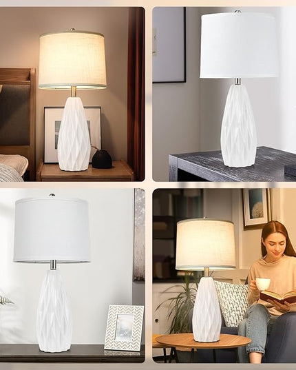 Table Lamp 25", Bedside Lamps for Bedroom Ceramic Desk Lamp White Lamp for Living Room End Table Lamps | 3-Way Dimmable Tall Nightstand Lamps Modern Geometric Lamp for Farmhouse Office(Bulb Included) - LeafyLoom