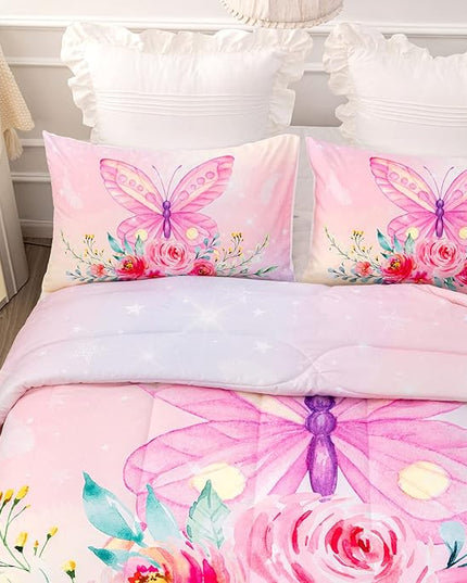CVHOUSE Butterfly Comforter Set,Floral Butterfly Bedding Set for Girls Kids Teens,Flower Butterflies Comforter Butterflies Duvet Set Room Decor Quilt Set Twin Size - LeafyLoom