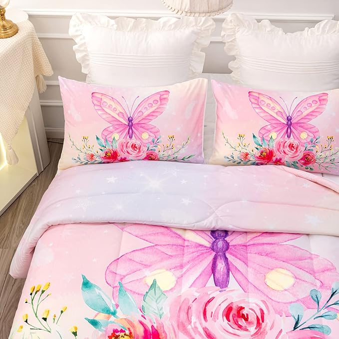 CVHOUSE Butterfly Comforter Set,Floral Butterfly Bedding Set for Girls Kids Teens,Flower Butterflies Comforter Butterflies Duvet Set Room Decor Quilt Set Twin Size - LeafyLoom