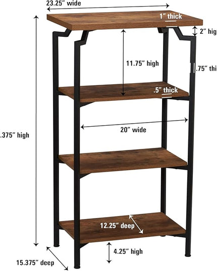 Household Essentials Crown Narrow 4 Shelf Open Storage Bookshelf Rustic Hickory Wood Grain and Black Metal - LeafyLoom